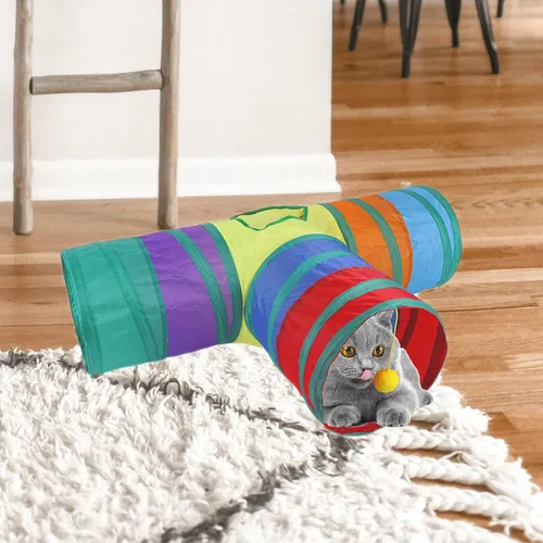 Vista 4 de Tubo y cubo para gatos, túnel emergente para gatos para interiores y exteriores, juguetes plegables de 3 vías/1 vía, color azul