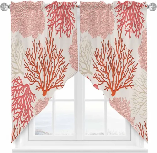 Vista 13 de Cenefa de amarre para ventanas, cortinas náuticas costeras de coral, cenefas con bolsillo para barra, cortinas de ventana con temática de playa