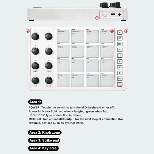 Vista 3 de Controlador MIDI Pad portátil, controlador MIDI Bluetooth SMC PAD con 16 almohadillas retroiluminadas RGB, 8 perillas asignables, repetición