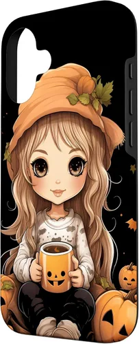 Vista 2 de Chibi Girl Anime Kawaii Pumpkin Spice Latte Fall Halloween Case for iPhone 16