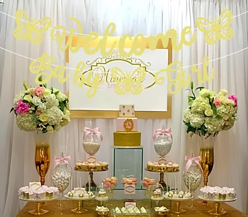 Vista 5 de Cartel de bienvenida preencordado para bebé niña, decoración de fiesta de bienvenida con purpurina dorada, perfecta para fiesta de revelación