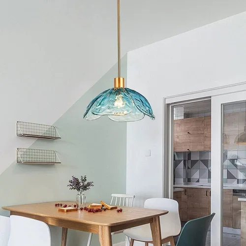 Vista 4 de Lámpara colgante con pantalla de vidrio con forma de flor retro, lámpara colgante de techo pequeña para dormitorio, isla de cocina, comedor, sobre