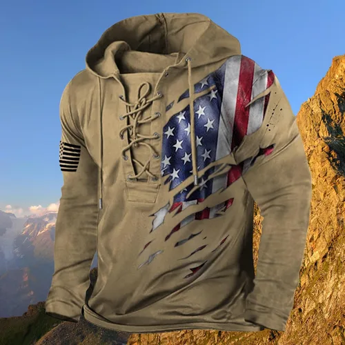 Vista 4 de Bengbobar Sudaderas con Capucha Tácticas Militares para Hombre Retro Desgastadas con Estampado de Bandera Americana Pullover con Cordones Bandera