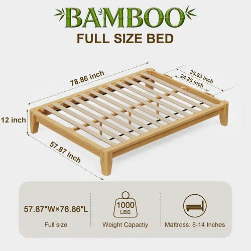 Vista 2 de Marco de cama de bambú sólido completo, marco de cama de plataforma de carpintería japonesa (natural) Instalación rápida sin herramientas