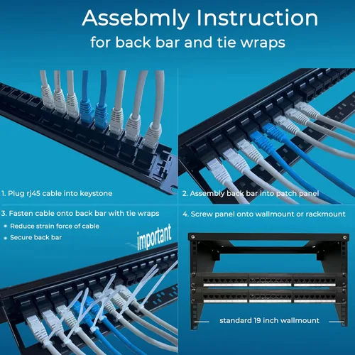 Vista 7 de Rapink Panel de conexión de 24 puertos Cat6 con soporte Keystone en línea 10G, panel de conexión con acoplador de paso UTP de 19 pulgadas con barra