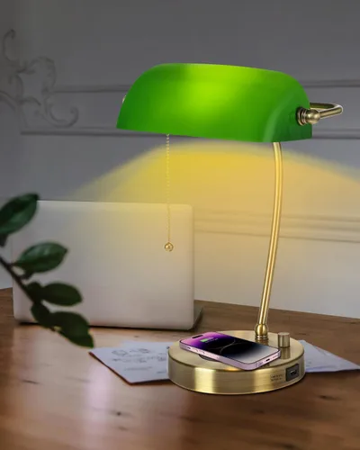 Vista 3 de Lámpara de Escritorio de Banquero de Cristal Verde con Cargador Inalámbrico, Puerto de Carga USB para Oficina en Casa, Lámpara de Mesa Regulable sin