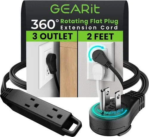 Vista 37 de GEARit Cable de extensión de enchufe plano giratorio de 360° de 3 pies, cable de alimentación de perfil bajo de 3 salidas, ahorro de espacio