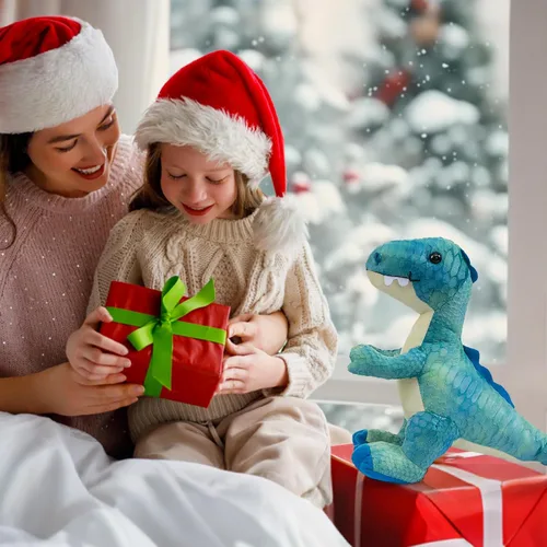 Vista 7 de HollyHOME Juguete de dinosaurio T-Rex de peluche con escamas texturizadas suaves y realistas, lindo regalo de dinosaurio para niños, azul y blanco