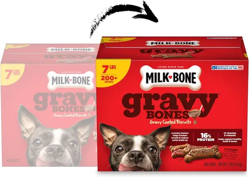 Vista 2 de Milk-Bone Gravy Bones - Golosinas para perros con 4 sabrosos sabores de carne recubiertos en salsa, 7 libras