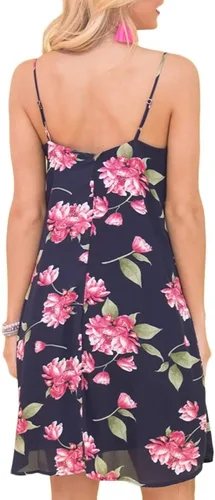Vista 3 de Vestido de verano sexy con estampado floral acampanado y tirantes delgados para mujer, holgado, tropical, corto, vestido de playa