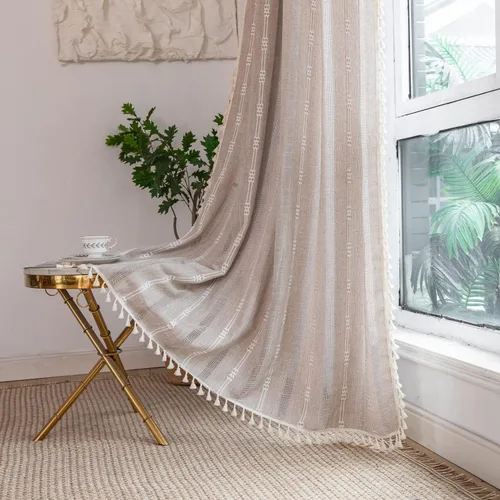 Vista 13 de 2 paneles de cortinas de lino semiopacas para ventana, bohemias y rústicas, con rayas bordadas y bolsillo para cortinero, para sala de estar