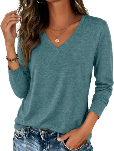 Vista 23 de Zeagoo Camisas de manga larga para mujer, cuello en V, casual, básica Rosa