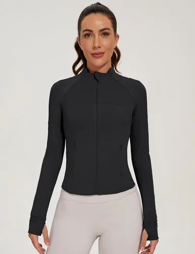 Vista 3 de LOMON Chaqueta atlética con cremallera completa para mujer, ligera, para entrenamiento, correr, yoga, con agujeros para el pulgar