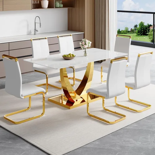 Vista 30 de Juego de mesa de comedor de 63 pulgadas para 4, juego de mesa de comedor dorado moderno para 4, juego de mesa de cocina de mármol sintético