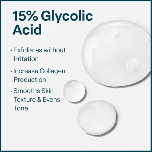 Vista 3 de Ácido glicólico/AHA - Suero renovador al 15% para el rostro, brillo intensivo, suavizante, exfoliante para noche o día, líneas finas, manchas