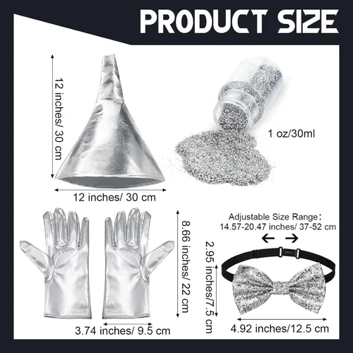 Vista 2 de Juego de 4 piezas de disfraz de Halloween para cosplay, sombrero de embudo ajustable con purpurina para hombre, pajarita brillante y plateado