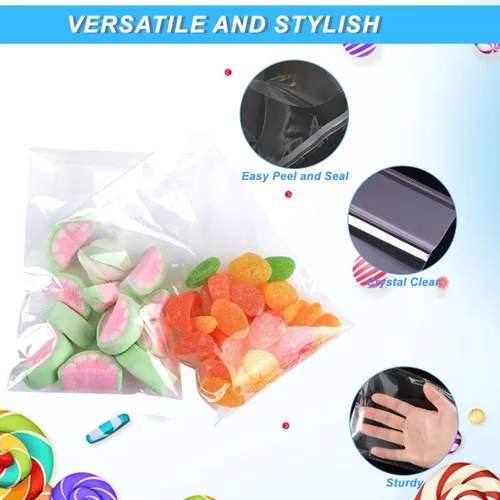 Vista 4 de 100 bolsas planas de celofán de 4.5 x 5.5 pulgadas con sellado automático transparente para aperitivos, panadería, dulces