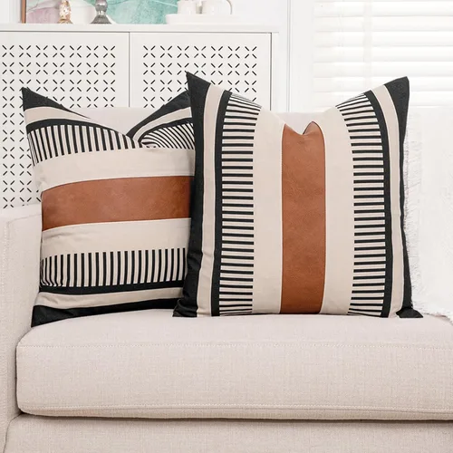 Vista 23 de Juego de 2 fundas de almohada bohemias a rayas de 16 x 16 pulgadas, fundas de almohada de cuero modernas para sofá, cama, decoración de granja
