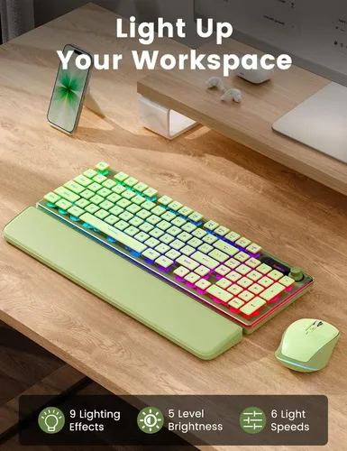 Vista 2 de Combo de teclado y mouse inalámbricos, 9 efectos retroiluminados, reposamuñecas, teclas de doble disparo, panel de metal, recargable de larga