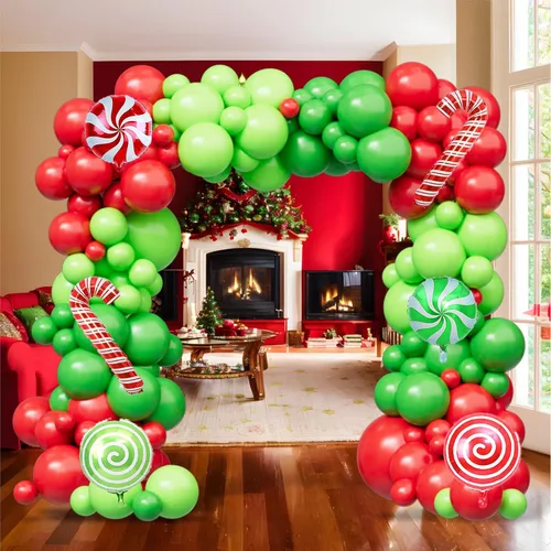 Vista 4 de Kit de arco de globos de Navidad, 129 globos de Navidad con globos de látex de 18 pulgadas, 12 pulgadas, 5 pulgadas, verde, rojo, lima, verde