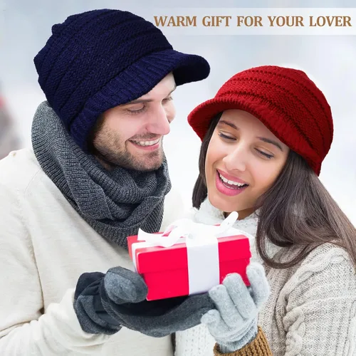 Vista 7 de Gorro de punto de invierno para mujer, gorro de invierno para mujer, gorro holgado con visera, gorro cálido con calavera de Newsboy