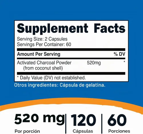 Vista 2 de Nutricost Carbón activado 520 mg, 120 cápsulas, sin gluten y sin OMG Polvo prémium de cáscara de coco