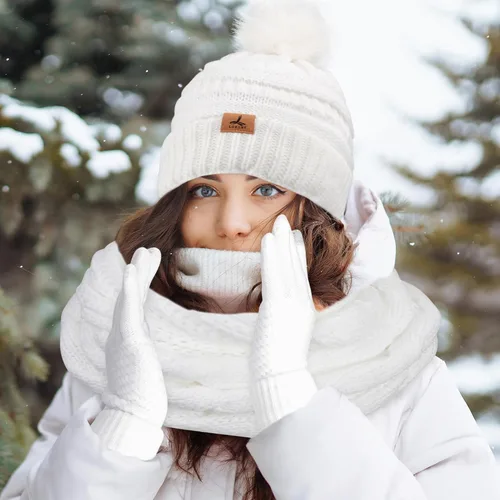 Vista 7 de Winter Hat Scarf Gloves and Ear Warmer, Warm Knit Beanie Hat Touch Screen Gloves Set Winter Gifts Neck Scarves for Women