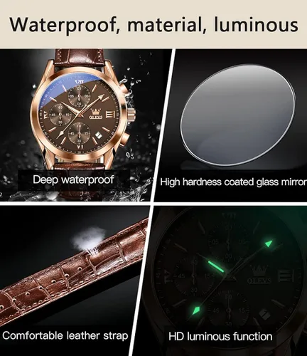 Vista 6 de OLEVS Reloj cronógrafo de cuarzo para hombre correa de cuero dorada con fecha de día reloj de pulsera de acero inoxidable impermeable relojes