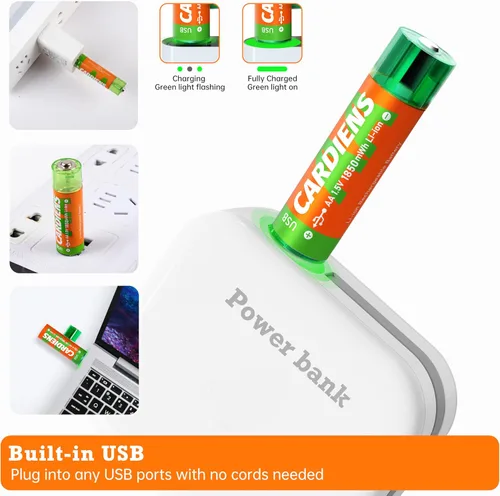 Vista 2 de Baterías AA recargables USB integradas 1850 mWh pilas AA recargables de 1.5 V doble A con indicador de carga LED, paquete de 4