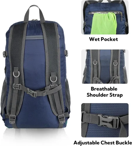 Vista 5 de WATERFLY Mochila de senderismo ligera y plegable, paquete de día de 30L