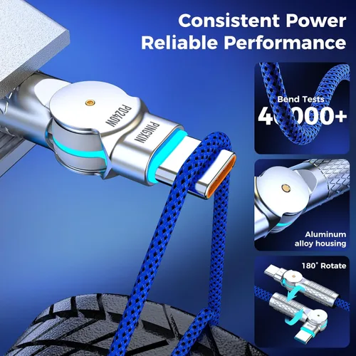 Vista 6 de Cable USB C a USB C de 6.6 pies, 240 W, paquete de 2 cables de carga tipo C trenzados giratorios de 180°, carga rápida para iPhone