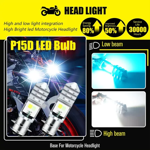 Vista 2 de 2 piezas 9-48V Bombillas LED para ATV, luz baja azul hielo, luz alta blanca H6M P15D para motocicleta, Yamaha, ATVS YFM350 450 400 660 700 Raptor.