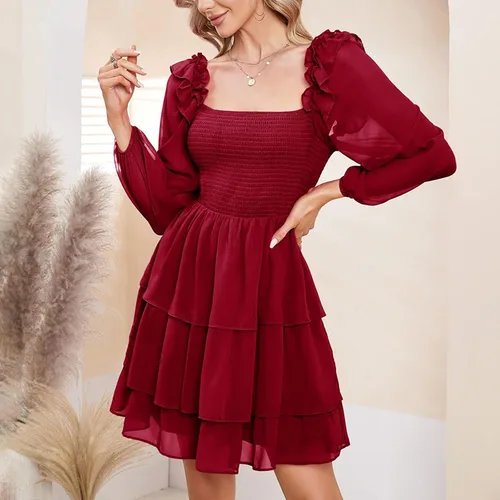 Vista 4 de TREBIN Camisetas para mujer, vestido de manga larga con cuello de color liso para mujer