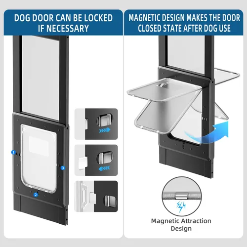 Vista 7 de Puerta para perro para puerta corrediza de vidrio, solapa magnética de plástico para puerta corrediza, inserto para mascotas con cerradura, altura
