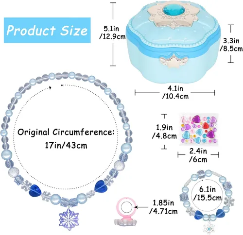 Vista 2 de Joyero musical para niños y niñas, conjunto de joyas de princesa, collar, pulsera, anillo de princesa, conjunto de regalo, azul