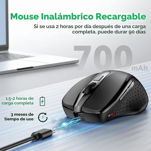 Vista 3 de TechRise Ratón Bluetooth (BT5.0/3.0 y 2.4G) Ratón inalámbrico recargable, seguimiento óptico de 4800 DPI, 6 DPI ajustables, 2.4GHz con receptor USB
