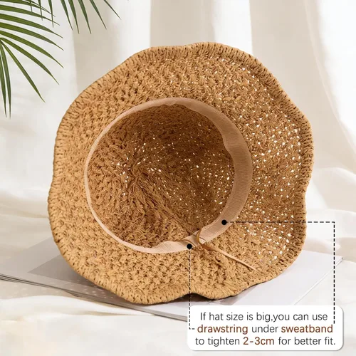 Vista 6 de Sombrero de playa para mujer, sombrero de paja para verano, protección UV, plegable, transpirable, estilo de ganchillo caqui (1pack-khaki)