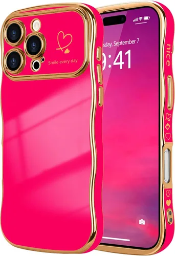 Vista 32 de LCHULLE - Funda para iPhone Air, linda para mujeres y niñas, con forma de onda, color azul bebé Luxury Plating Curly Wavy Frame with Love Heart