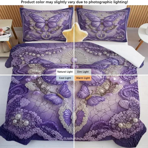 Vista 6 de Juego de edredón de mariposa tamaño individual, juego de ropa de cama estética morado, edredón de microfibra de mariposa lavanda con 2 fundas