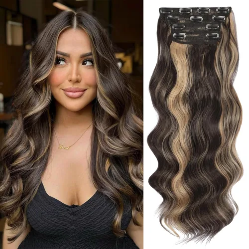 Vista 17 de Extensiones de cabello con clip de Vigorous de 20 pulgadas, con reflejos rubio playa, extensiones de cabello ondulado largo y suave de cabello