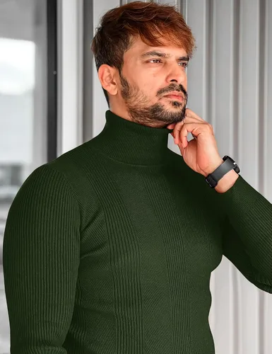 Vista 3 de Suéteres casuales de cuello alto para hombre, de punto acanalado suave, térmicos, básicos