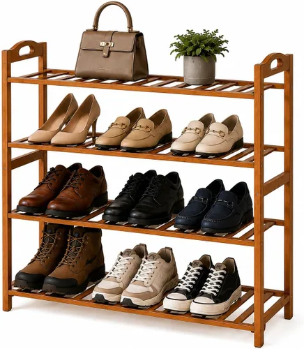 Vista 9 de Basicwise Zapatero de almacenamiento de bambú, organizador de zapatos de pie (2 niveles)