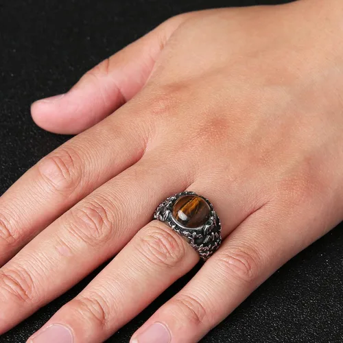 Vista 5 de HZMAN Anillo de boda retro de acero inoxidable gótico con piedra de ojo de tigre, turquesa, talla 7-14