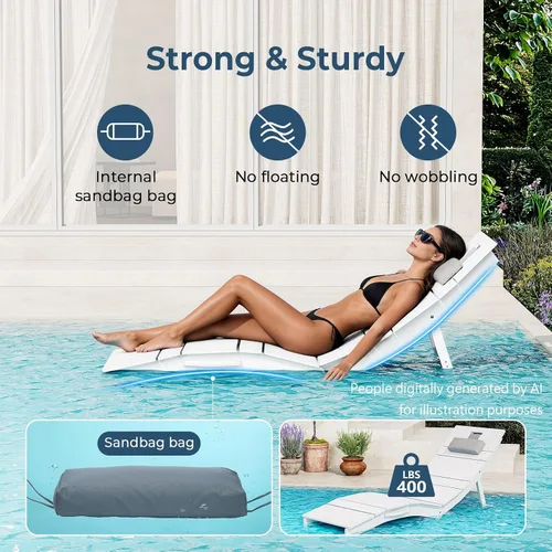 Vista 7 de Juego de 4 sillas de piscina para exteriores, resistentes a la intemperie, sillas de bronceado plegables con reposacabezas, soporta hasta 400 Azul