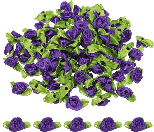 Vista 11 de PATIKIL Mini rosas de cinta, 100 unidades, pequeñas flores de tela de satén con adornos de hojas verdes, rosetas para manualidades, costura, boda