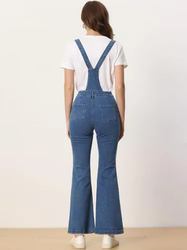 Vista 3 de Allegra K Overol de mezclilla para mujer, estilo casual, ajustable, con pechera acampanada, pantalones de mezclilla