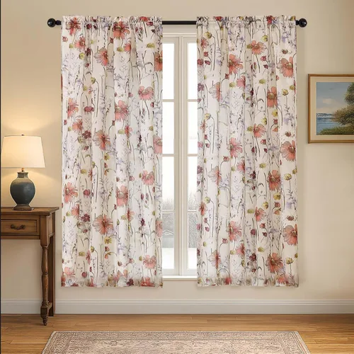 Vista 16 de Cortinas Transparentes Arrugadas de 96 Pulgadas de Largo 2 Paneles, Cortinas Florales Transparentes con Diseño Impreso para Sala de Estar