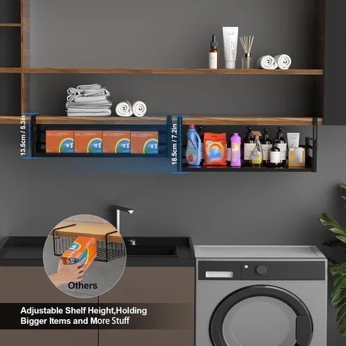 Vista 4 de AmonHouseware Paquete de 2 cestas organizadoras debajo del estante, almacenamiento ajustable debajo del gabinete, longitud del soporte colgante Negro