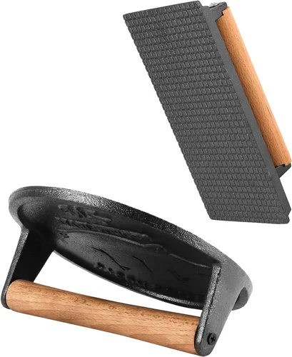 Vista 4 de Paquete de 2 prensas de hierro fundido negro, redondas de 7 x 7 pulgadas y 8 x 4 pulgadas, prensa rectangular de tocino pesado con mango de madera