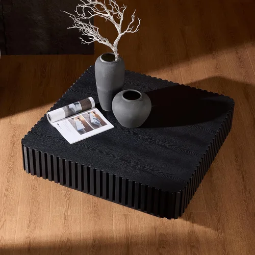 Vista 7 de Mesa de Centro Cuadrada de 35.43'' para Sala de Estar Mesa de Centro Acanalada Mesa Central Moderna con Pedestal para Apartamento Negro